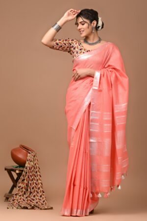 Coral Pink Cotton Saree with Zari Woven Pallu