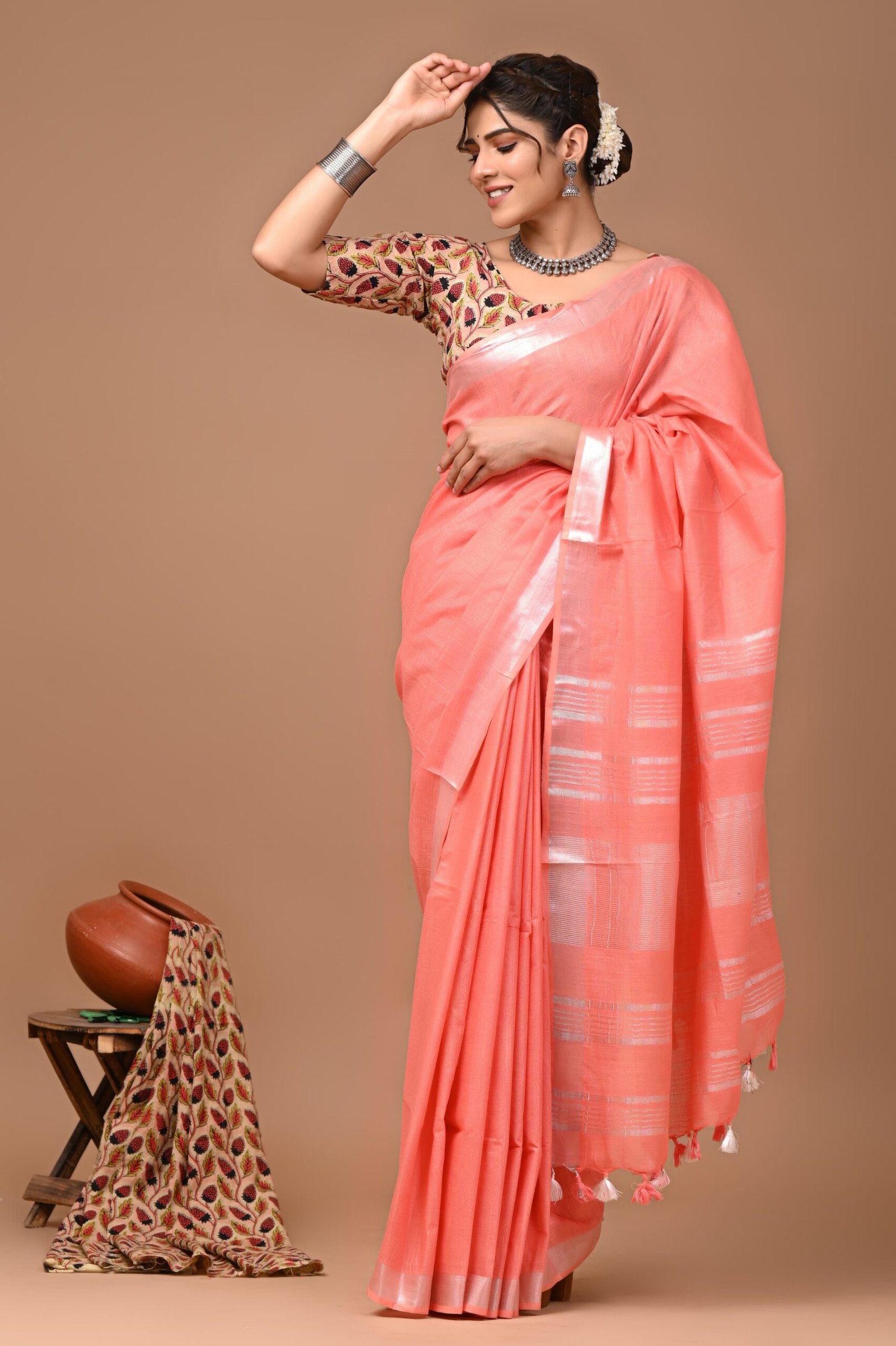 Coral Pink Cotton Saree with Zari Woven Pallu