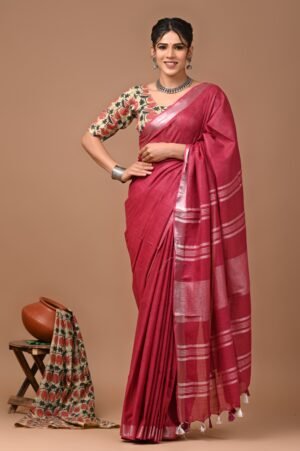 Deep Maroon Cotton Saree with Silver Zari Pallu