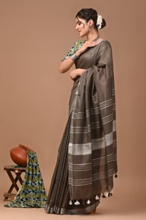 Charcoal Brown Cotton Linen Saree with Silver Zari Pallu