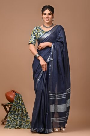 Navy Blue Cotton Saree with Silver Zari Pallu