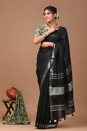 Classic Black Cotton Saree with Silver Zari Pallu