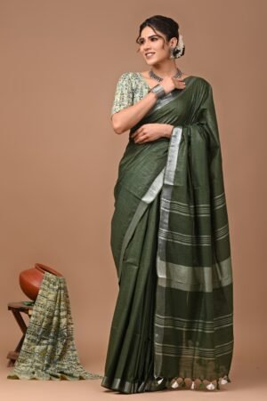 Olive Green Cotton Saree with Silver Zari Pallu