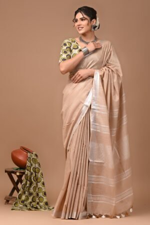Elegant Beige Cotton Saree with Silver Zari Pallu