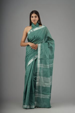 Green Linen Plain Saree with Silver Zari Border