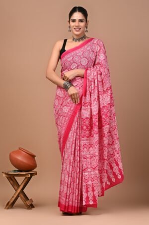 Deep Pink Hand Block Printed Cotton Saree
