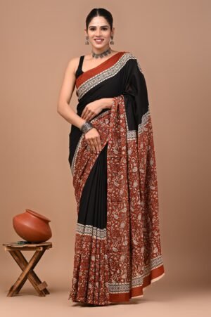 Bold Black Cotton Saree with Rust Floral Block Print
