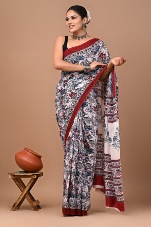Off-White Floral Printed Cotton Saree