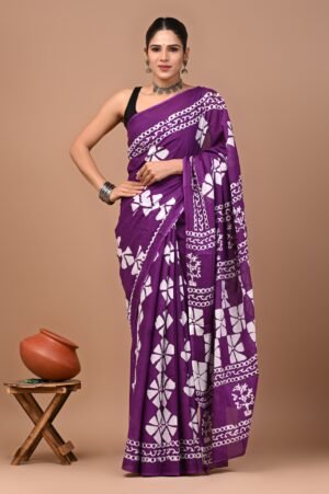Vibrant Purple Cotton Saree with Bold Hand Block Prints
