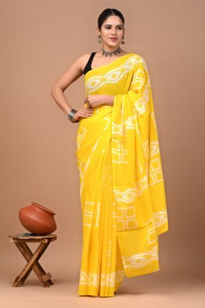 Bright Yellow Cotton Saree with White Hand Block Print