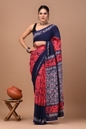 Navy Blue & Red Printed Cotton Saree