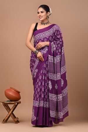 Royal Purple Cotton Saree with White Hand Block Prints