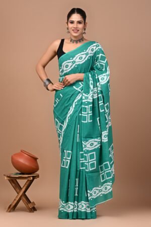 Emerald Green Dabu Print Cotton Saree