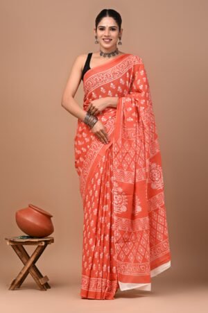 Terracotta Orange Hand Block Printed Cotton Saree
