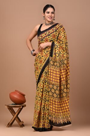 Mustard Yellow & Black Ajrakh-Inspired Cotton Saree