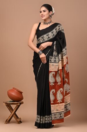 Black & Rust Cotton Saree with Paisley Print