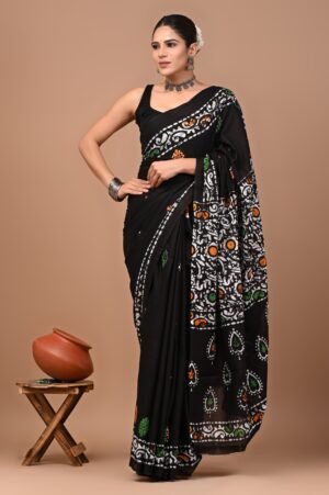 Black Cotton Saree with Multicolor Hand Block Print