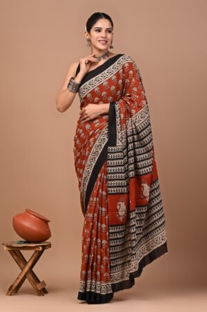 Rust Heritage Cotton Saree with Black & Cream Traditional Block Prints
