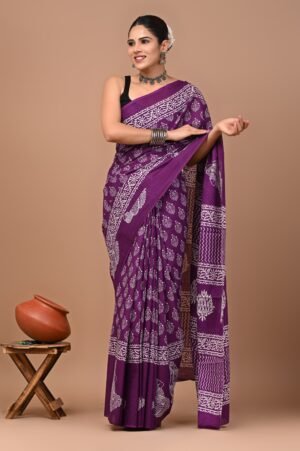 Royal Violet Handblock Cotton Saree with White Floral Motifs