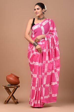 Bright Pink Cotton Saree with White Tie-Dye Checks
