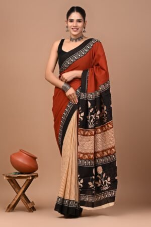 Rust Elegance Black Cotton Saree