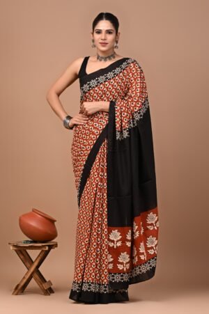 Black & Rust Hand Block Printed Cotton Saree