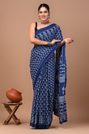 Indigo Grace Cotton Saree with White Hand Block Floral Print