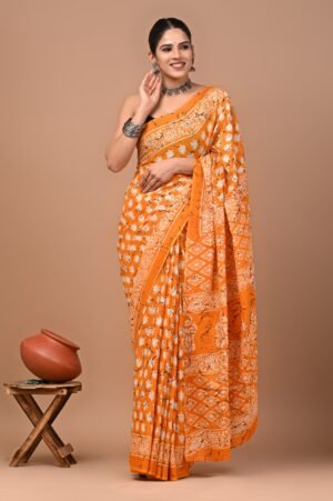 Sunset Glow Orange Cotton Saree with White Dabu Print