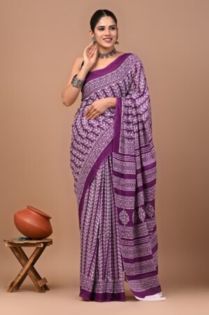 Royal Purple Cotton Saree with White Hand Block Floral Prints