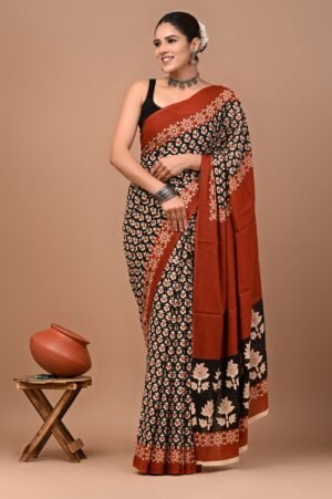 Rust & Black Hand Block Printed Cotton Saree