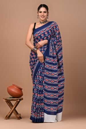 Indigo Bloom Cotton Saree with Red & White Floral Block Print