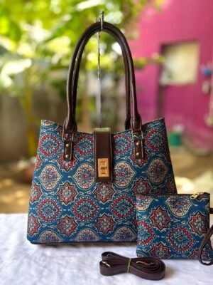 Vintage Indigo Charm Tote Set – Ethnic Block Print Handbag with Pouch & Sling